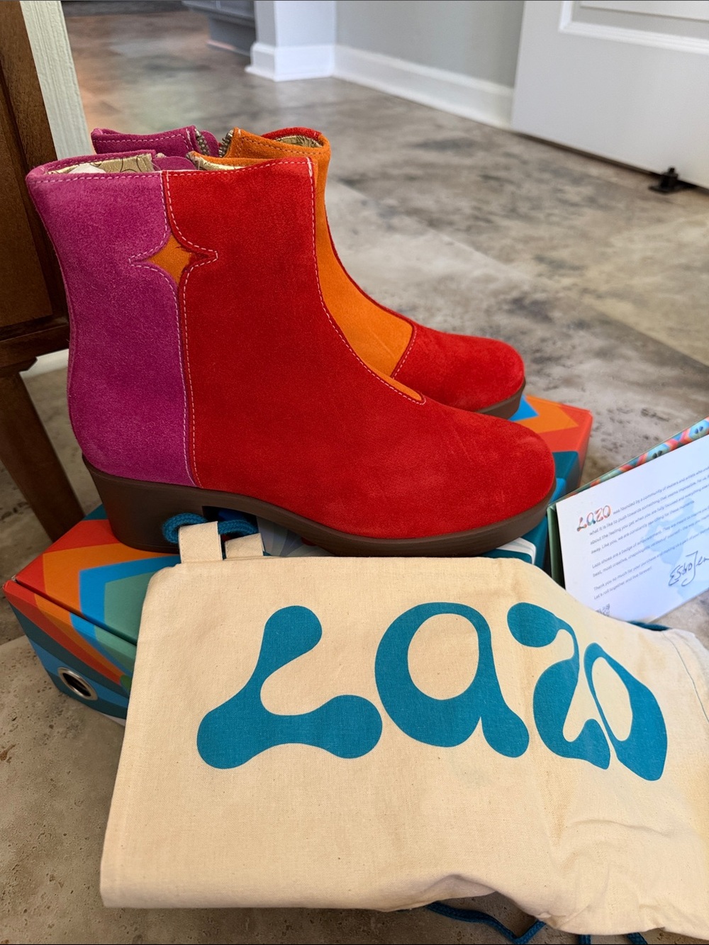 Colorblock Retro Suede Ankle Boots - Red, Pink & Orange